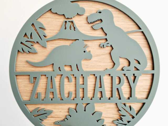 Dinosaur Name Sign For Kids Bedroom, Dino Nursery Door Plaque, Theme Baby Room Decor, Wood Wall Art, Personalised Round - image 1