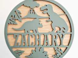Dinosaur Name Sign For Kids Bedroom, Dino Nursery Door Plaque, Theme Baby Room Decor, Wood Wall Art, Personalised Round - thumbnail 1