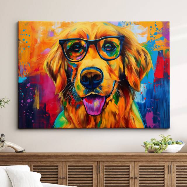 Golden Retriever Wearing Glasses Painting Framed Poster Print & Canvas Wall Decor Art Home Living Room Dog Gift Idea Pet - image 1
