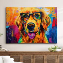 Golden Retriever Wearing Glasses Painting Framed Poster Print & Canvas Wall Decor Art Home Living Room Dog Gift Idea Pet