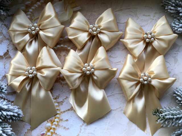 Gold Christmas Bows 6Pcs Set/Light Gold For Tree Ornaments/ Decorative With Cabochons - image 1