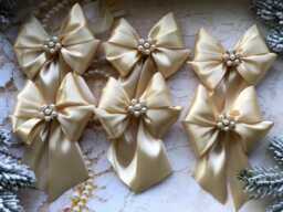 Gold Christmas Bows 6Pcs Set/Light Gold For Tree Ornaments/ Decorative With Cabochons - thumbnail 1