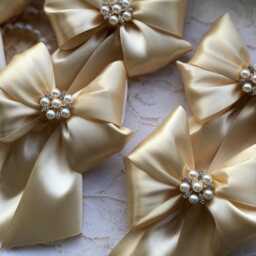 Gold Christmas Bows 6Pcs Set/Light Gold For Tree Ornaments/ Decorative With Cabochons - thumbnail 3