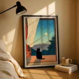 Black Cat Japanese Print, Wall Art, Moonlight Poster, Japandi Home Decor, Hasui Kawase Style, Minimalist Art - thumbnail 2
