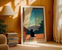 Black Cat Japanese Print, Wall Art, Moonlight Poster, Japandi Home Decor, Hasui Kawase Style, Minimalist Art - thumbnail 1