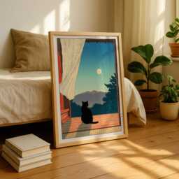 Black Cat Japanese Print, Wall Art, Moonlight Poster, Japandi Home Decor, Hasui Kawase Style, Minimalist Art - thumbnail 3
