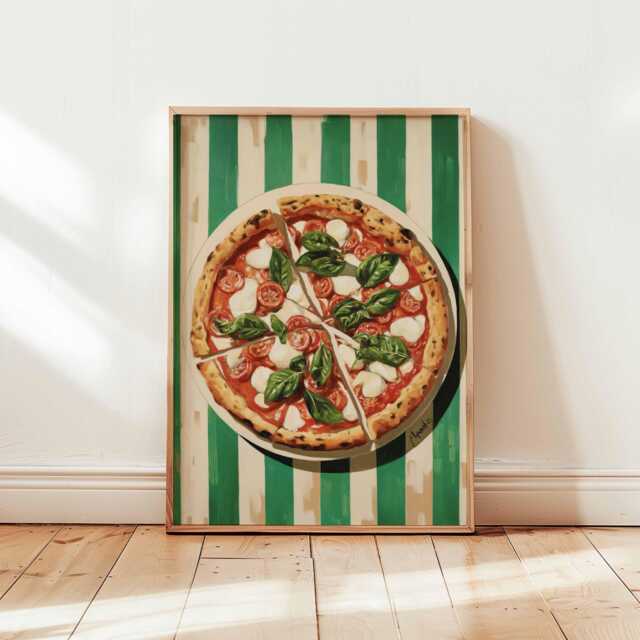Pizza Poster, Italian Food Print, Kitchen Wall Art, Margherita Decor Green Striped Lover Gift Poster - image 1