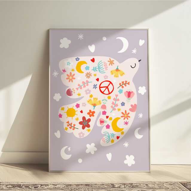 Peace Dove Bird Print in Purple, Wildflower Retro Girl Nursery Bedroom Decor, Teen Kids Wall Art - image 1