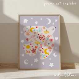 Peace Dove Bird Print in Purple, Wildflower Retro Girl Nursery Bedroom Decor, Teen Kids Wall Art - thumbnail 2