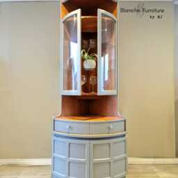 Tall Nathan Mid Century Modern Corner Drinks Cabinet - Light Grey Cocktail Display Unit - thumbnail 3