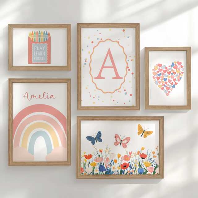 Girls Bedroom Nursery Gallery Wall Art Set Of 5, Butterfly Rainbow Floral Heart Prints With Personalised Name, Framed Or Unframed Decor - image 1
