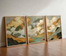 Japanese Clouds Bedroom Wall Art Set Of 3 Prints, White Beige Sky Posters, Vintage Home Decor, Large Poster Art - thumbnail 1
