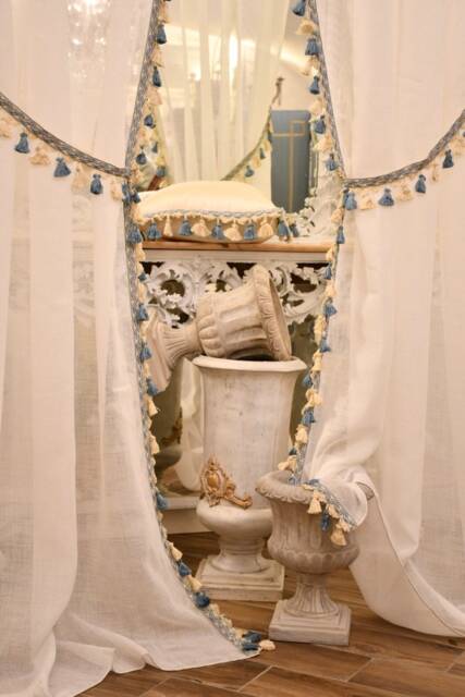 Pair Of Linen Gauze Curtains With Blue Trimmings - image 1