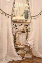 Pair Of Linen Gauze Curtains With Blue Trimmings