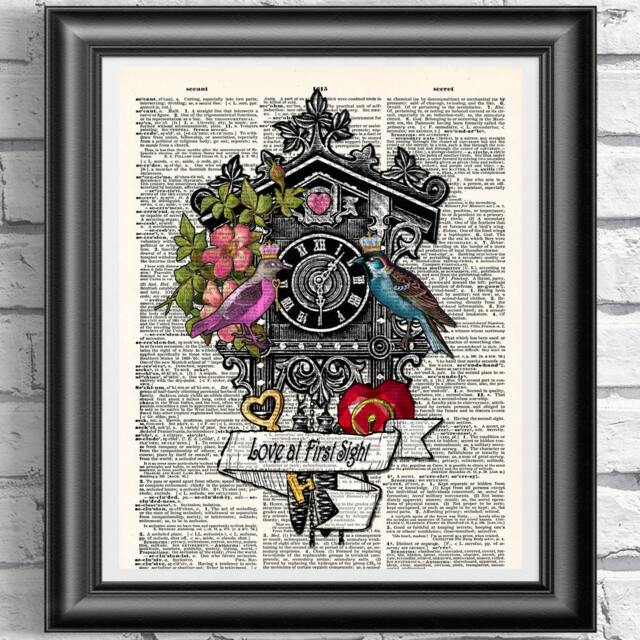 Book Page Print, Tattoo Style Love At First Sight Wall Decor, Dictionary Art, Birds Poster Cuckoo Art - image 1