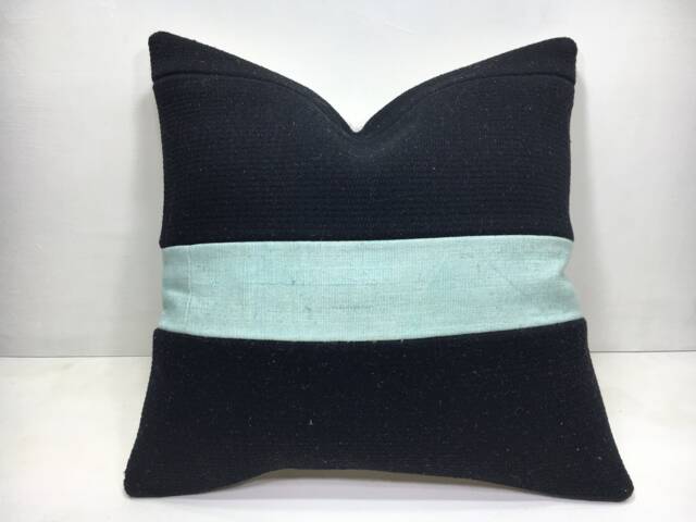 Vintage Kilim Pillow Cover, Black Linen Accent, 16x16 - image 1