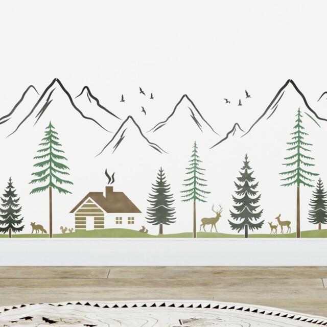 Wall Stencil For Painting Diy Nursery Kids Room Decor - Mountain Forest Scene With Woodland Animals Border By Dizzy Duck - image 1