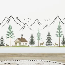 Wall Stencil For Painting Diy Nursery Kids Room Decor - Mountain Forest Scene With Woodland Animals Border By Dizzy Duck - thumbnail 1