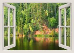 Lake Wall Decal, Sticker, Forest Decal, 3D Window View Mural, Nature Sticker, Window Frame Decal For Home Decor