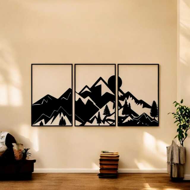 Set Of 3 Mountain Wall Decor Metal Hanging, Abstract Framed Art, Minimalist Interior Accent, Sculpture For Home, Housewarming Gift - image 1