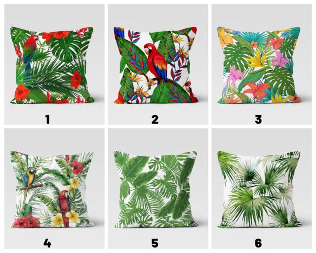 Parrot Pillow Cover, Green Palm Leaves Cushion Case, Monstera Botanical Garden Textiles, Kitchen Cover - image 1