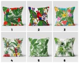 Parrot Pillow Cover, Green Palm Leaves Cushion Case, Monstera Botanical Garden Textiles, Kitchen Cover - thumbnail 1