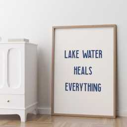 Lake Water Heals Everything Print Minimal Navy Wall Art Outdoors Wild Swimming Poster - thumbnail 1
