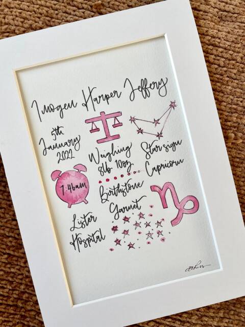 Personalised Birth Details Illustration/New Baby Gift Boy Girl Painting Print Drawing - image 1