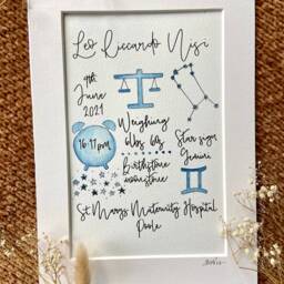 Personalised Birth Details Illustration/New Baby Gift Boy Girl Painting Print Drawing - thumbnail 2