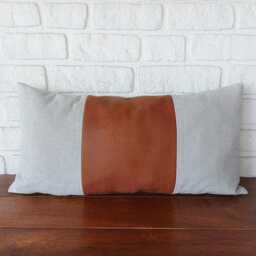 Color Block Linen Lumbar Pillow Cover Camel Faux Leather, Modern Scandinavian - thumbnail 4