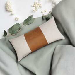 Color Block Linen Lumbar Pillow Cover Camel Faux Leather, Modern Scandinavian