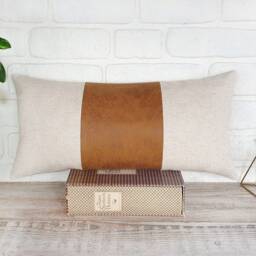 Color Block Linen Lumbar Pillow Cover Camel Faux Leather, Modern Scandinavian - thumbnail 3
