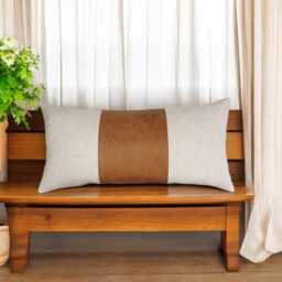 Color Block Linen Lumbar Pillow Cover Camel Faux Leather, Modern Scandinavian - thumbnail 2