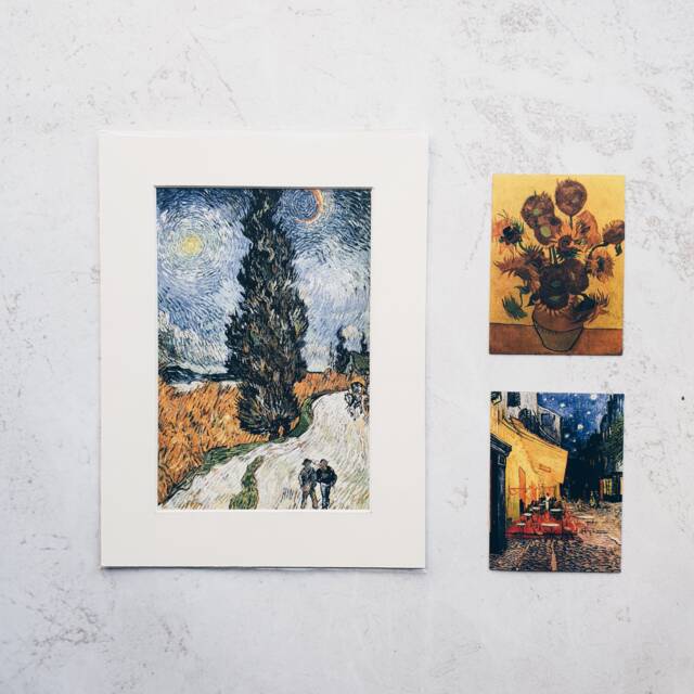 Photo Art Print With Passe-Partout Road Cypresses & Star By Vincent Van Gogh 18x24 cm + 2 Magnets
