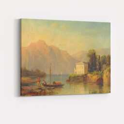 Golden Lakeside Villa Mountain View Landscape Canvas Wall Art Print Decor Picture Ready To Hang - thumbnail 4