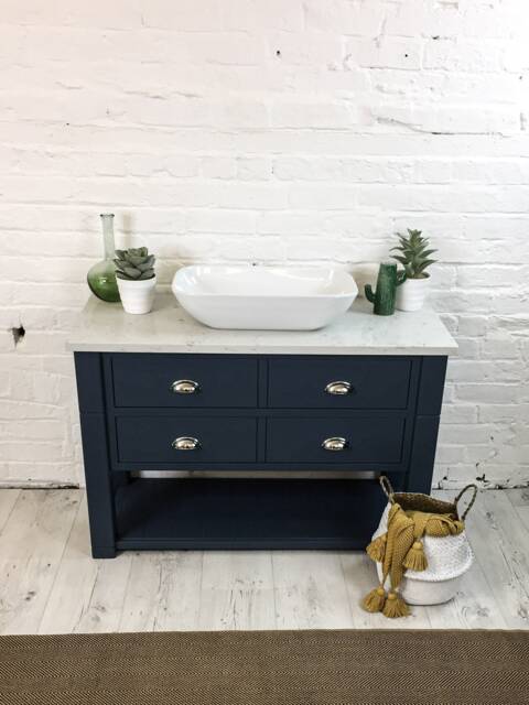 Bespoke Chelsea Bathroom Vanity Unit Made To Any Size. Drawer Top With Lower Shelf & White Marble Quartz Top. Farrow & Ball Painted Base - image 1