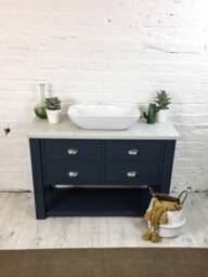 Bespoke Chelsea Bathroom Vanity Unit Made To Any Size. Drawer Top With Lower Shelf & White Marble Quartz Top. Farrow & Ball Painted Base