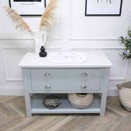 Bespoke Chelsea Bathroom Vanity Unit Made To Any Size. Drawer Top With Lower Shelf & White Marble Quartz Top. Farrow & Ball Painted Base - thumbnail 2