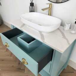 Bespoke Chelsea Bathroom Vanity Unit Made To Any Size. Drawer Top With Lower Shelf & White Marble Quartz Top. Farrow & Ball Painted Base - thumbnail 3