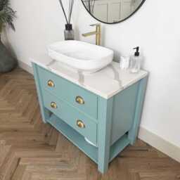 Bespoke Chelsea Bathroom Vanity Unit Made To Any Size. Drawer Top With Lower Shelf & White Marble Quartz Top. Farrow & Ball Painted Base - thumbnail 2