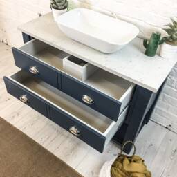 Bespoke Chelsea Bathroom Vanity Unit Made To Any Size. Drawer Top With Lower Shelf & White Marble Quartz Top. Farrow & Ball Painted Base - thumbnail 3