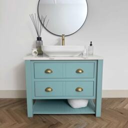 Bespoke Chelsea Bathroom Vanity Unit Made To Any Size. Drawer Top With Lower Shelf & White Marble Quartz Top. Farrow & Ball Painted Base