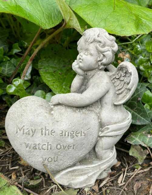 Cherub W Heart Stone Statue - Reconstituted Angel Nymph Outdoor Garden Ornament - image 1