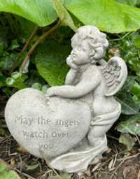 Cherub W Heart Stone Statue - Reconstituted Angel Nymph Outdoor Garden Ornament - thumbnail 1