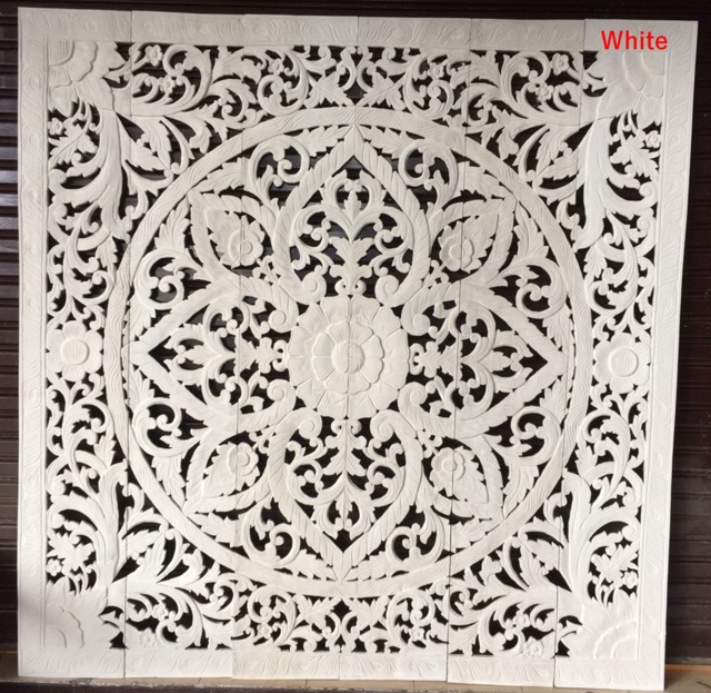 Balinese Lotus King Size Headboard 180cm Carved Wood Wall Panel - Mandala Floral Teak Art Bali Hand Square Boho Bedroom - image 1