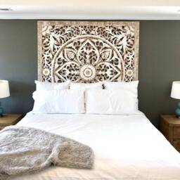 Balinese Lotus King Size Headboard 180cm Carved Wood Wall Panel - Mandala Floral Teak Art Bali Hand Square Boho Bedroom - thumbnail 4