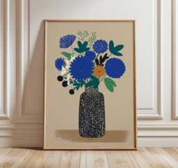 Modern Floral Wall Art, Minimalist Botanical Poster, Scandinavian Vase Print, Blue Flower Still Life, Mid Century Style Art Print - thumbnail 1