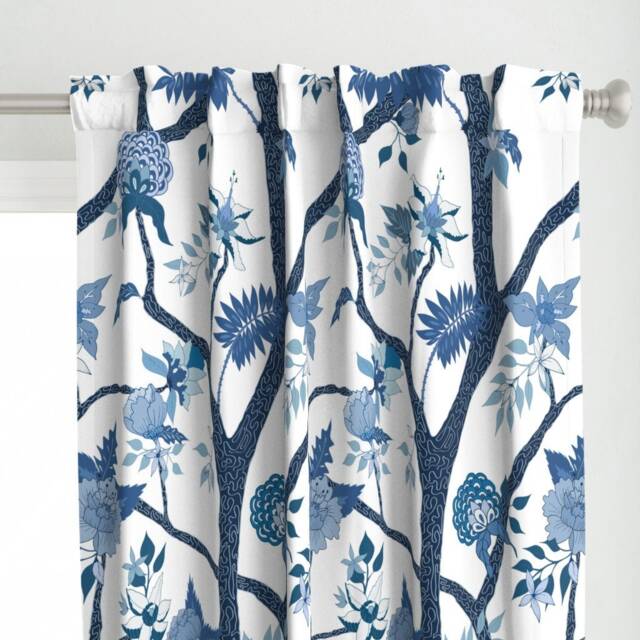Chinoiserie Curtain Panel - Peony Floral Peonies Garden Custom Branch Mural in Blues By Danika_Herrick - image 1