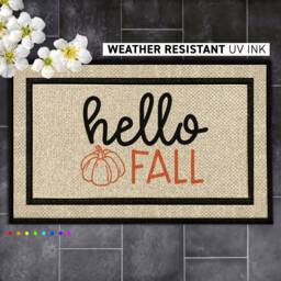 Hello Fall Seasonal Quote Pumpkin Doormat - Outdoor Mat Decor - thumbnail 1