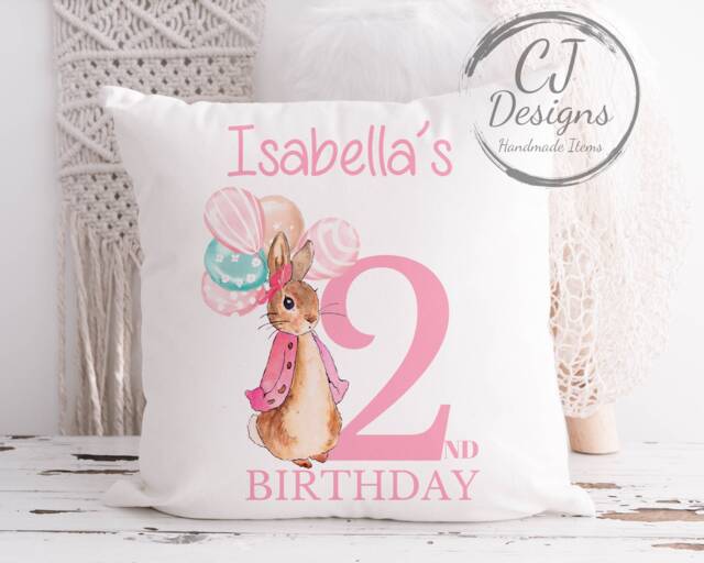 Personalised 2nd Birthday Flopsy Rabbit Pink Water Colour White Super Soft Cushion Cover Peter Ages 1-5 - image 1